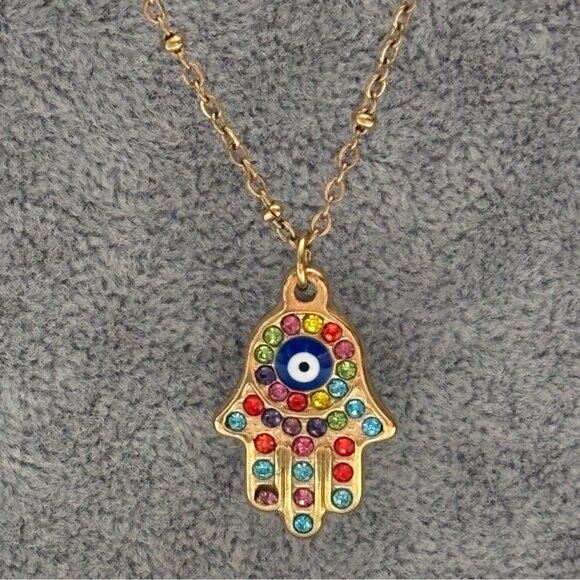 Hamsa Hand Pendant Necklace With Evil Eye Charm & Colorful Rhinestones On Gold-P - Picture 2 of 5